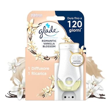 Glade Liquido Elettrico Profumatore per Ambienti, Fragranza Romantic Vanilla Blossom, Fino a 120 Giorni di Profumo, 1 Diffusore e 1 Ricarica da 20 ml
