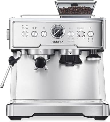 Reemix Macchina per caffè espresso da 20 bar con macinino integrato e montalatte da 1350 W, serbatoio da 2,8 l, acciaio inox/argento