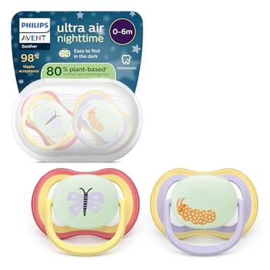 Philips Avent Ultra Air Nighttime Ciuccio - Design ortodontico, per neonati 0-6 mesi, fluorescente, tettarella simmetrica in morbido silicone, senza BPA, confezione da 2, SCF376/25