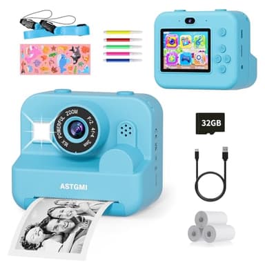 Macchina Fotografica Bambini Istantanea, 2,4 Pollici 1080P Fotocamera Bambini Selfie con Carta da Stampa e 32GB Scheda, Giocattolo Regalo di Natale Bambino e Bambina 3 4 5 6 7 8 Anni (Blu)