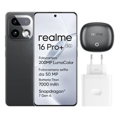 realme 16 Pro+ 5G Smartphone, 8GB+256GB, Display Curvo AMOLED 144Hz 6,8", Batteria 7000mAh, Fotocamera 200MP OIS, IP69K, Ricarica Rapida 80W, Doppia SIM, Next AI, Grigio (Con Adattatore)
