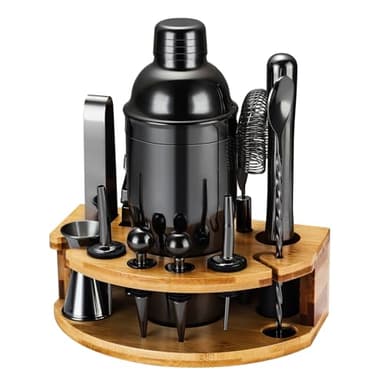 Set Shaker Cocktail Kit Barman con Supporto, Set Barman in Acciaio INOX da 750ML 12 pezzi con dosatore misurino cocktail, Kit Barman Professionale Completo per Home Bar, Regali per Papà (Nero)