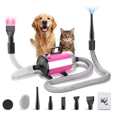 DEWINNER 3200W Asciugacapelli per Cani| Toelettatura e Aspirazione a Vuoto| Flusso d'aria e temperatura regolabili| Dotato di 5 Tubo Elastico| 1 Tubo Elastico e Spazzola per la Cura| Rosa