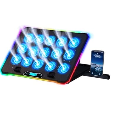KLIM V15 Base di raffreddamento da Gaming per Notebook con 15 ventole + Stabile supporto RGB con ventole per portatile + Compatibile fino a 17" + 2 porte USB + Supporto per telefono