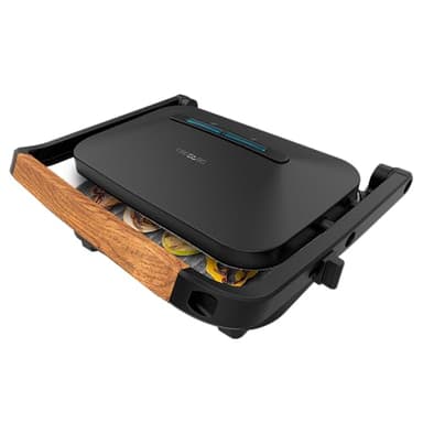 Cecotec Griglia Elettrica Rock'Ngrill 1300 Wood B. Potenza 1300W, Design Nero, Rivestimento Rockstone, Base Antiscivolo, Piastra Galleggiante, Indicatore Luminoso, Manico in Legno, Versatilità
