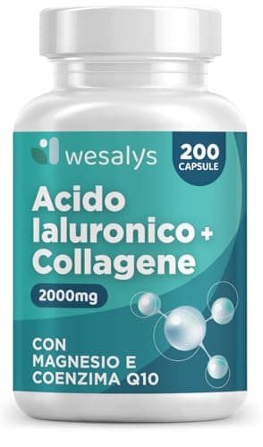 Collagene Idrolizzato 2000mg + Acido Ialuronico 500mg - 200 Capsule, Integratore Collagene e Acido ialuronico con Vitamina C naturale, Coenzima Q10 e Zinco per Pelle, Ossa, Articolazioni e Capelli