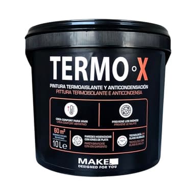 MAKE Termo X | Pittura Termica, Termoisolante, Anti-Condensa, Antimuffa Interni 10 L - 60 m2 - Bianco Isolante Traspirante per Pareti Umide, Bagni, Cucine, con perle di vetro 3M e Ioni d’Argento