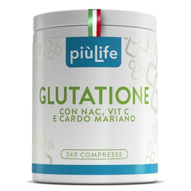 Glutatione Forte PiùLife 100% Glutatione Ridotto Puro con Vitamina C, NAC n-acetil-cisteina e Cardo Mariano Fegato Tit. 80% – 250 mg per dose – Antiossidante, Sistema Immunitario, Detox