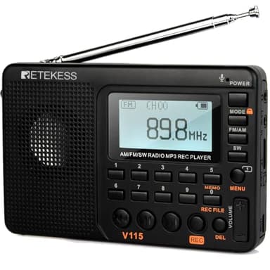 Retekess V115 Radio FM Portatile,Radio Vintage AM SW,Buona Ricezione,Compatto,Supporto USB AUX TF,Batteria Ricaricabile,Registra il Suono,Bassi (Nero)