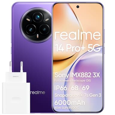 realme 14 Pro+ 5G Cellulare Android 12GB+512GB, 6,83" Smartphone, 50MP OIS Fotocamera, Qualcomm Snapdragon 7s Gen 3 5G, OLED Schermo 4 curvo da 120Hz, Batteria da 6000mAh, viola (Con adattatore)