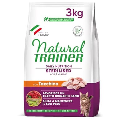 Trainer Natural Cat Sterilised Adult con Carni Bianche e Fibra di Pisello 3 Kg, 3000 Gr