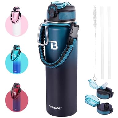 TOPBADE Borraccia Termica con 2 Coperchi (Cannuccia & no Cannuccia), 1000ml Bottiglia Termica con Manico Paracord Senza BPA/Senza Perdite Borracce Acciaio Inox per Scuola, Sport, Palestra, Ciclismo