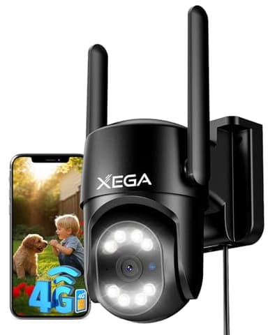 Xega 4G Telecamera Esterno con Scheda SIM【24/7 Registrazione】 2K Cablato Telecamere senza WiFi, AI Rilevamento di Umano Tracciamento Automatico Allarme Istantaneo, IP66 TF/Cloud, scheda SIM inclusa