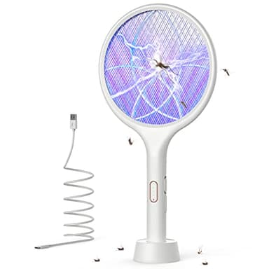 YISSVIC Racchetta Zanzare Elettrica 4000V 1500mAh con USB Ricaricabile e LED 2 in 1, Protezione Maglia a 3 Strati Adatto per Casa Giardino Campeggio Interni ed Esterni Bianco
