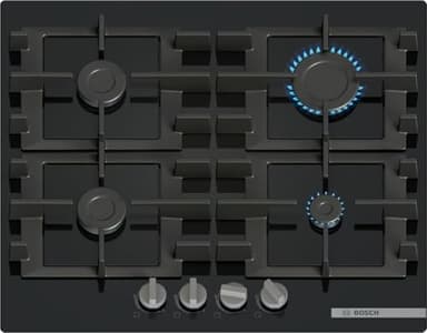 Bosch PNP6B6K40 Serie 4, Piano cottura a gas, 60 cm, Vetro temperato, Griglie ghisa lavabili in lavastoviglie, Nero, Serie 6, Nero Vetro