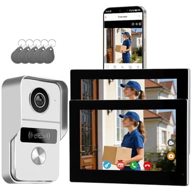 Honmidatek Videocitofono 2 Fili connesso, con fotocamera, versione notturna, vista dal vivo e conversazione, sblocco tramite monitor, 2 monitor da 7" con campanello cablato, per 1 famiglia