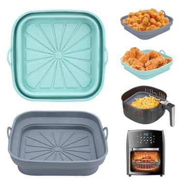 Alyvisun Teglie per Friggitrice ad Aria, 2 Pezzi Teglia in Silicone per Air Fryer Contenitori Cestello Riutilizzabile Quadrato Tappetino Stampi Per Airfryer, Microonde, Forno (Azzurro Chiaro+Grigio)