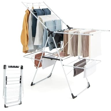 RELAX4LIFE Stendibiancheria Salvaspazio a 2 Livelli con Ali Pieghevoli in Metallico, Altezza Regolabile, Stabile, Stendino Portatile per Calzini Lenzuola Vestiti, Senza Assemblaggio, 145x58x95cm