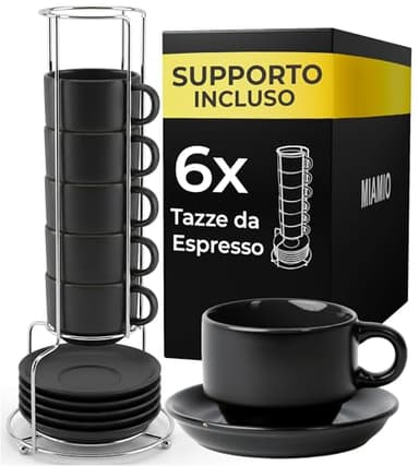 MIAMIO - 6 x 75 ml Espresso Tazzina da caffè - Sei Tazzine Impilabili - Set di Tazze da Caffè, Ceramica - Le Papillon Collezione (Nero)