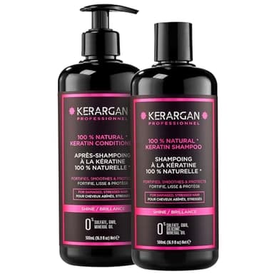 Kerargan - Duo Ultra Riparatore Shampoo & Balsamo alla Cheratina per Capelli Danneggiati e Stressati - Rinforza, Liscia & Protegge - Senza Solfati, GMO, Silicone - 2x500 ml