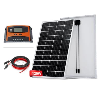 MAPLES Kit Pannello Solare 120W + regolatore di carica PWM 30A LCD + Cavi Per camper, barca, luci autonome, cancelli remoti con connettori MC4 (120W)