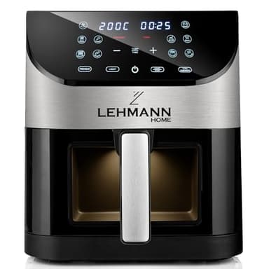 LEHMANN Friggitrice ad aria calda 6L con finestra di visualizzazione, 1500 W, Air Fryer con 12 programmi, controllo della temperatura 76-200°C, timer, display touch LED, friggitrice senza grasso per