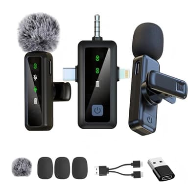 kinmaizi Microfono Lavalier wireless 3 in 1, microfono wireless per iPhone, Android, iPad, per registrazione video, streaming, interviste, vlog, Tiktok, Youtube