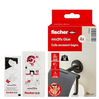 Fischer 4 Pz Colla Fissaggio Accessori Bagno su Piastrelle, Bicomponente, Senza Foratura, per Bagno e Cucina, Tenuta Affidabile, 4 bustine da 4g