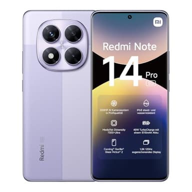 Xiaomi Smartphone Redmi Note 14 Pro 5G, 12+512GB, fotocamera AI da 200MP, IP68, ricarica turbo da 45W con batteria da 5110mAh, funzionalità AI (caricabatterie non incluso), Purple