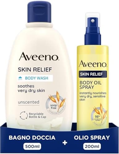 Aveeno Skin Relief Set Corpo donna con Bagnoschiuma lenitivo senza sapone e profumo con triplo complesso di Avena 500 ml e Olio corpo idratante pelle secca e sensibile 200 ml – Kit Esclusiva Amazon