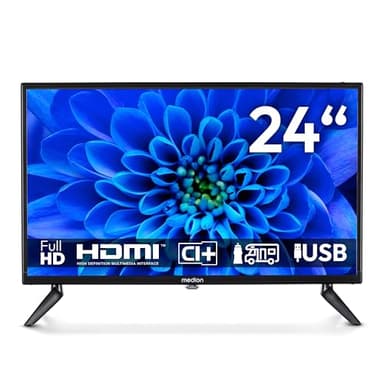 MEDION TV 24 pollici (59,9 cm) Full HD TV (perfetto per campeggio, camper, camion, giardino, adattatore per auto da 12 V, DVB-T2 HD, DVB-C, DVB-S2, HEVC, HDMI, USB, MD 824000)