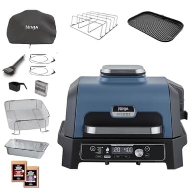 Ninja Woodfire Pro Connect XL Barbecue Elettrico, Griglia, Affumicatore, Friggitrice ad Aria 7 in 1, Controllo con App, 2 Termometri, Griglia per Costicine, Copertura e Spazzola, Blu/Nero, OG901EUAMZ