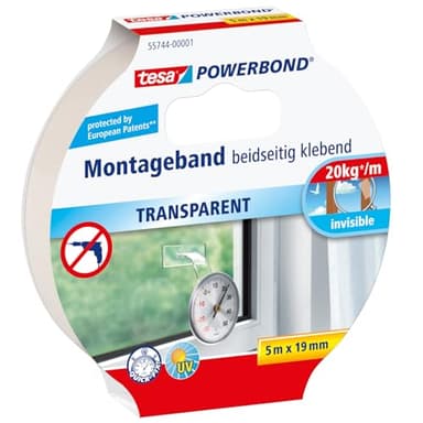 tesa Powerbond TRANSPARENT - Nastro Biadesivo Trasparente - Resistente ai raggi UV, per fissaggio di oggetti in vetro e trasparenti - Regge fino a 2 kg per 10 cm - 5.0 m x 19 mm