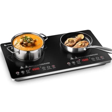 ​AMZCHEF Piano Induzione 2 Fuochi Portatile, Piastra Induzione Doppia 3500W con Comandi Indipendenti, IGBT Potenziato, 20 Livelli di Temperatura, Livelli di Potenza Multipli, Timer di 4 Ore​