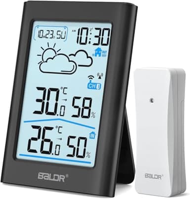 BALDR - Stazione meteo radio con sensore esterno, orologio radiocontrollato digitale DCF, termometro interni/esterni, igrometro, previsioni meteo, visualizzazione ora, sveglia, display da 3,7”