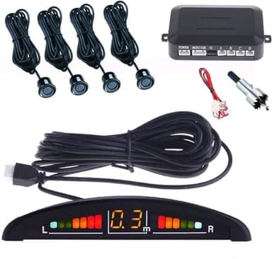 SQUADO Sensori Parcheggio Auto, Kit 4 Sensori Di Parcheggio Con Display Suono Led Led Acustico Verniciabili, Nero