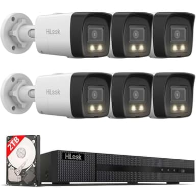 HiLook® by HIKVISION Set di Telecamere di Sorveglianza 6 X 8MP 4K PoE Bullet con Visione Notturna Hybrid Light e Rilevamento AI di Persone e Auto NVR 8CH 2TB HDD Resistente agli agenti atmosferici