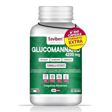 Glucomannano Forte 4200mg, 360CPS FORMATO EXTRA SCORTA, Perdita di Peso, Extra Dosaggio, Soppressore dell’Appetito, Saziante Naturale, arricchito con inulina, cromo e vitamina B3
