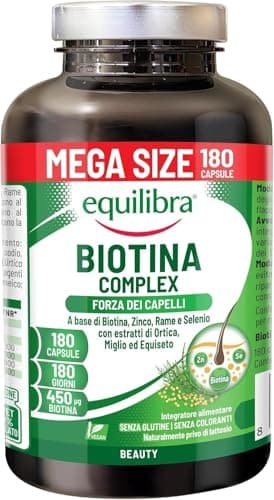 Equilibra Biotina Altodosata 450 mcg, per Capelli e Unghie, con Zinco, Rame, Selenio, Estratti di Ortica, Miglio, Equiseto, Vegan, Senza Glutine, Privo di Lattosio, 180 Capsule