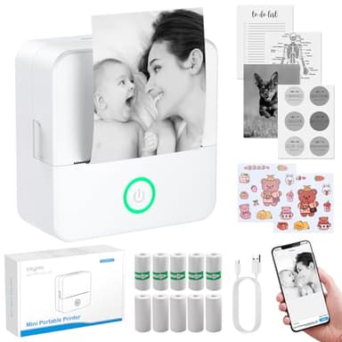 eSynic Mini Stampante Termica Bluetooth Ricarica Type-C per Android iOS, Stampante Fotografica Portatile Immagini Bianco e Nero + 10 Rotoli di Carta Termica e Carta Adesiva, Stampa Foto dal Cellulare