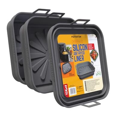 PORTENTUM Teglia per Friggitrice ad Aria 22,5 cm – Compatibile da 4,7 a 8 litri – Set da 3 Contenitori in Silicone Pieghevoli Riutilizzabili – BPA Free – Accessori Friggitrice ad Aria