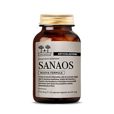 Sanaos Salugea, Integratore naturale per articolazioni, tendini e legamenti. Con Boswellia, Artiglio del Diavolo, Frassino, Mirra e Semi d’Uva. 60 capsule, in Vetro Scuro
