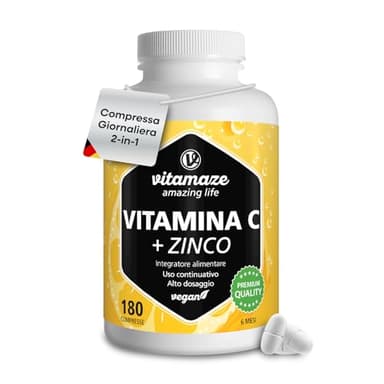 Vitamina C 1000mg (6 Mesi) + Zinco + Bioflavonoidi, 180 Compresse, 1 Compresse per Giorno, Vegan Vitamina C Pura Dose Forte, Qualità Tedesca, Integratore Alimentare senza Additivi. Vitamaze®