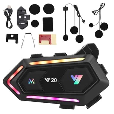 HISUEKIG Auricolare Casco Moto, Y20 Interfono Casco, Bluetooth Cuffie Casco Moto con Doppio Altoparlante, IPX6 Impermeabile, Riduzione del Rumore doppia, 16 Luci RGB, Risposta Automatica