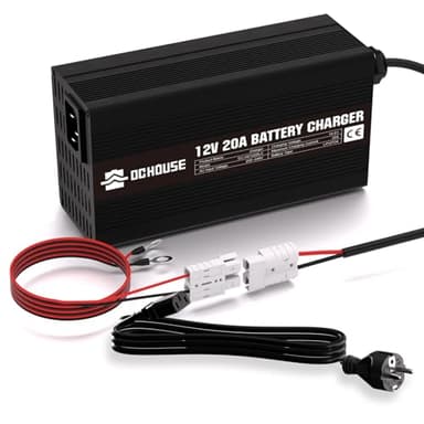 DCHOUSE Caricabatterie 12V 20A, Caricabatterie LiFePO4 14,6V con Connettore Rapido per Batteria e Indicatore LED, ricarica rapida intelligente da 300W Batterie Litio per barche e camper