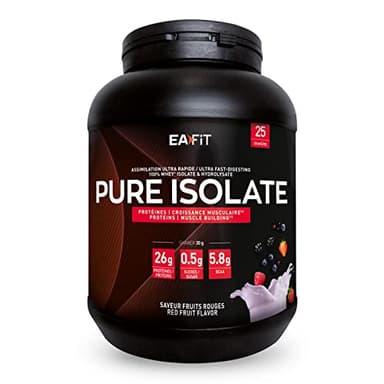 EAFIT Proteine in Polvere Isolate 750g | Pure Whey Proteine Isolate| 27g di protein e 6.5 g di BCAA per porzione | Basso zuccheri e grassi |Per aumento della massa muscolare | Frutti Rosso