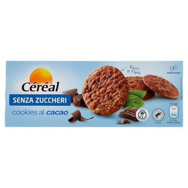 Céréal Senza Zuccheri, Cookies al cacao, Deliziosi biscotti senza zucchero al cioccolato, Snack goloso ricco in fibre, Ridotto impatto sulla glicemia, Pack con 4 confezioni di biscotti, 130g