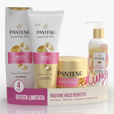 Pantene Pro-V Ricci Perfetti, Set Regalo Capelli Ricci: 1x Shampoo 250ml, 1x Balsamo 200ml, 1x Maschera Protezione Cheratina 300ml, 1x Crema Styling 235m