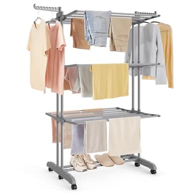 SONGMICS Stendibiancheria, Stendino Pieghevole a 4 Livelli, con Ruote e Ali Richiudibili, 63,5 x 125,5 x 173 cm, Capiente, Uso Interno ed Esterno, Grigio Tortora LLR703G01