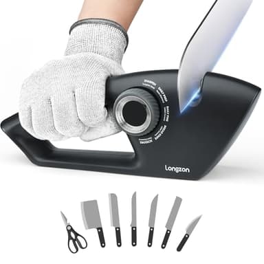 longzon Affilacoltelli Professionale, 5 in 1 Affila Coltelli da Cucin, Affilacoltelli Manuale per Coltelli Dritti, Coltelli da Cucina, Seghettati, Sicuro e Facile da Usare